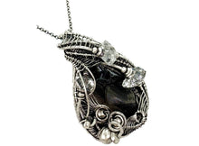 Load image into Gallery viewer, UV-Fluorescent, Black Rose Fluorite Pendant with Herkimer Diamonds: Sterling silver wire wrap