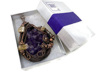 Load image into Gallery viewer, HUGE Amethyst Druzy Pendant with Citrine Nuggets: Copper Wire-Wrapped Geode Jewelry