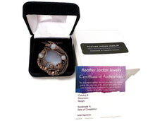 Load image into Gallery viewer, Blue Agate Slice Pendant with Rainbow Moonstone, Bronze Wire Wrap - Heather Jordan Jewelry