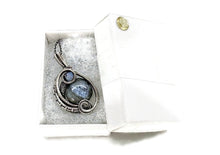 Load image into Gallery viewer, Larvikite Wire-Wrapped Pendant in Sterling Silver with Swarovski Crystal, "Mini-Woven Circle" Model
