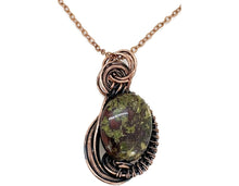 Load image into Gallery viewer, Dragon Bloodstone Wire-Wrapped Jewelry Set: Bronze Necklace &amp; Earrings with Swarovski Crystal Swish Design - Heather Jordan Jewelry