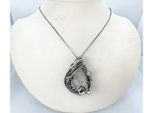 Load image into Gallery viewer, UV-Fluorescent, Mexican Hyalite Opal Wire-Wrapped Pendant in Sterling Silver with Fluorite