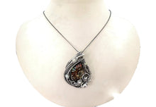 Load image into Gallery viewer, Opalized Ammonite Fossil Pendant: Sterling Silver Wire Wrap with Ethiopian Opals