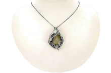 Load image into Gallery viewer, Libyan Desert Glass and Ethiopian Welo Opal Pendant - Sterling Silver Wire-Wrapped Tektite Jewelry - Heather Jordan Jewelry