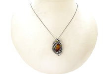 Load image into Gallery viewer, Baltic Amber Pendant with Ethiopian Opals and Two Mosquitos, Wire-Wrapped Sterling Silver Necklace