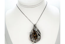 Load image into Gallery viewer, Petoskey Stone and Aquamarine Necklace - Sterling Silver Wire Wrapped Michigan Fossil Pendant - Heather Jordan Jewelry