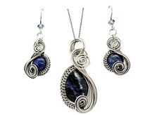 Load image into Gallery viewer, Sodalite Jewelry Set with Swarovski Crystal - Necklace and Earrings Sterling Silver Wire Wrap