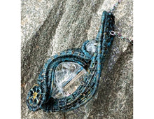 Load image into Gallery viewer, Steampunk Verdigris Crackle Quartz Pendant, Wire-Wrapped in Brass with Herkimer Diamond