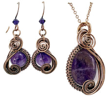 Load image into Gallery viewer, Amethyst and Bronze Necklace and Earrings Jewelry Set with Swarovski Crystal, Swish Design