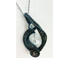 Load image into Gallery viewer, Steampunk Verdigris Crackle Quartz Pendant, Wire-Wrapped in Brass with Herkimer Diamond