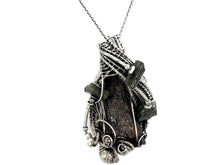 Load image into Gallery viewer, Black Kyanite Fan Pendant - Sterling Silver Wire-Wrap with Green Tourmaline Crystals