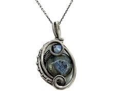 Load image into Gallery viewer, Larvikite Wire-Wrapped Pendant in Sterling Silver with Swarovski Crystal, "Mini-Woven Circle" Model