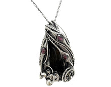Load image into Gallery viewer, Twinned Vivianite Crystal Pendant with Watch Gears and Rhodolite Garnet : Sterling Silver Wire-Wrap, Gothic Crystal Jewelry