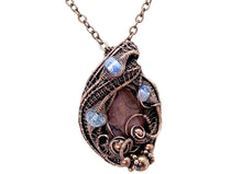 Load image into Gallery viewer, Rhodonite Wire Wrapped Pendant in Bronze with Rainbow Moonstone - Heather Jordan Jewelry