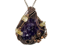 Load image into Gallery viewer, HUGE Amethyst Druzy Pendant with Citrine Nuggets: Copper Wire-Wrapped Geode Jewelry