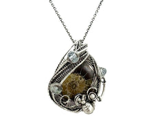 Load image into Gallery viewer, Ammonite Fossil Pendant: Sterling Silver Wire Wrapped Shell Necklace with Aquamarine - Heather Jordan Jewelry