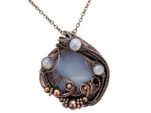 Load image into Gallery viewer, Blue Agate Slice Pendant with Rainbow Moonstone, Bronze Wire Wrap - Heather Jordan Jewelry