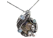 Load image into Gallery viewer, Ammonite Fossil Pendant with Aquamarine: Sterling Silver Wire Wrapped Shell Necklace - Heather Jordan Jewelry