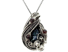 Load image into Gallery viewer, Cultured Black Freshwater Pearl Pendant with Rhodolite Garnet and Sterling Silver Wire Wrap