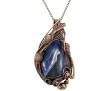Load image into Gallery viewer, HUGE Blue Geode Pendant with Sunstone: Copper Wire-Wrapped Druzy Jewelry