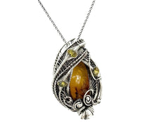 Load image into Gallery viewer, Baltic Amber Pendant with Ethiopian Opals and Two Mosquitos, Wire-Wrapped Sterling Silver Necklace
