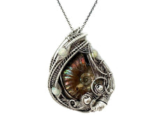 Load image into Gallery viewer, Opalized Ammonite Fossil Pendant: Sterling Silver Wire Wrap with Ethiopian Opals