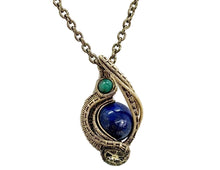 Load image into Gallery viewer, Steampunk Lapis Lazuli Pendant, Wire-Wrapped in Brass with Turquoise