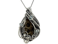 Load image into Gallery viewer, Petoskey Stone and Aquamarine Necklace - Sterling Silver Wire Wrapped Michigan Fossil Pendant - Heather Jordan Jewelry