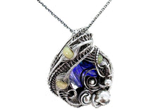 Load image into Gallery viewer, Indigo Ammolite Pendant: Ethiopian Welo Opals, Sterling Silver Wire Wrap, Fossil Jewelry - Heather Jordan Jewelry