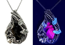 Load image into Gallery viewer, UV-Fluorescent, Black Rose Fluorite Pendant with Herkimer Diamonds: Sterling silver wire wrap