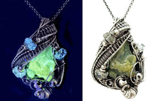 Load image into Gallery viewer, UV-Fluorescent Zincite Druzy Pendant: Sterling Silver Wire-Wrap with Herkimer Diamonds