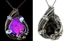 Load image into Gallery viewer, UV-Fluorescent, Black Rose Fluorite Druzy Pendant with Herkimer Diamonds: Sterling Silver Wire Wrap