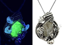 Load image into Gallery viewer, UV-Fluorescent, Mexican Hyalite Opal Wire-Wrapped Pendant in Sterling Silver with Herkimer Diamonds