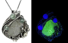 Load image into Gallery viewer, UV-Fluorescent, Mexican Hyalite Opal Wire-Wrapped Pendant in Sterling Silver with Fluorite