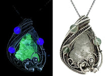 Load image into Gallery viewer, UV-Fluorescent, Mexican Hyalite Opal Wire-Wrapped Pendant in Sterling Silver with Fluorite