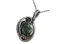 Load image into Gallery viewer, Seraphinite Wire-Wrapped Pendant in Sterling Silver with Swarovski Crystal, "Mini-Woven Circle" Model