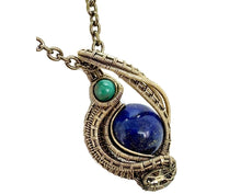 Load image into Gallery viewer, Steampunk Lapis Lazuli Pendant, Wire-Wrapped in Brass with Turquoise