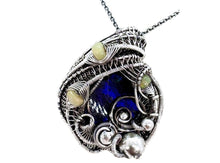 Load image into Gallery viewer, Indigo Ammolite Pendant: Ethiopian Welo Opals, Sterling Silver Wire Wrap, Fossil Jewelry - Heather Jordan Jewelry