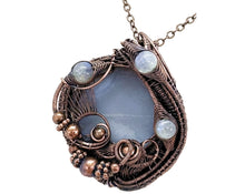 Load image into Gallery viewer, Blue Agate Slice Pendant with Rainbow Moonstone, Bronze Wire Wrap - Heather Jordan Jewelry
