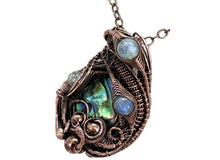 Load image into Gallery viewer, Iridescent Abalone Pua Shell Pendant with Labradorite Copper Wire Wrapped Ocean Jewelry - Heather Jordan Jewelry
