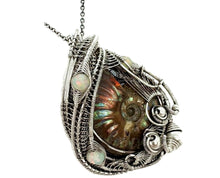 Load image into Gallery viewer, Opalized Ammonite Fossil Pendant: Sterling Silver Wire Wrap with Ethiopian Opals