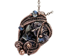 Load image into Gallery viewer, Blue Bismuth Crystal Pendant with Czech Glass and Bronze Wire Wrap - Steampunk Jewelry - Heather Jordan Jewelry