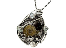 Load image into Gallery viewer, Ammonite Fossil Pendant: Sterling Silver Wire Wrapped Shell Necklace with Aquamarine - Heather Jordan Jewelry