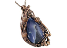 Load image into Gallery viewer, HUGE Blue Geode Pendant with Sunstone: Copper Wire-Wrapped Druzy Jewelry