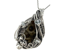 Load image into Gallery viewer, Petoskey Stone and Aquamarine Necklace - Sterling Silver Wire Wrapped Michigan Fossil Pendant - Heather Jordan Jewelry