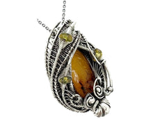 Load image into Gallery viewer, Baltic Amber Pendant with Ethiopian Opals and Two Mosquitos, Wire-Wrapped Sterling Silver Necklace