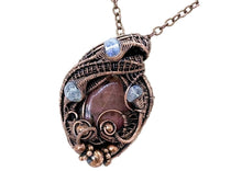 Load image into Gallery viewer, Rhodonite Wire Wrapped Pendant in Bronze with Rainbow Moonstone - Heather Jordan Jewelry