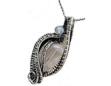Load image into Gallery viewer, Rose Quartz Mini Woven Teardrop Pendant with Rainbow Moonstone: Sterling Silver Wire Wrap - Heather Jordan Jewelry