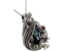Load image into Gallery viewer, Cultured Black Freshwater Pearl Pendant with Rhodolite Garnet and Sterling Silver Wire Wrap