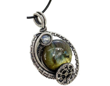 Load image into Gallery viewer, Labradorite Woven Circle Steampunk Pendant in Sterling Silver with Rainbow Moonstone